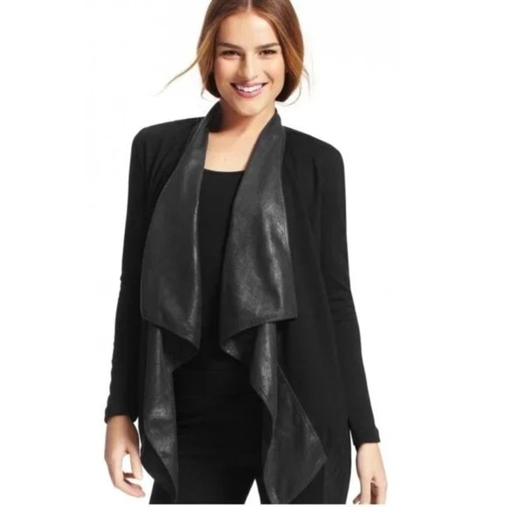 Cabi Owens Black Waterfall Drape Blazer Jacket Faux Leather Ponte Stretch Medium